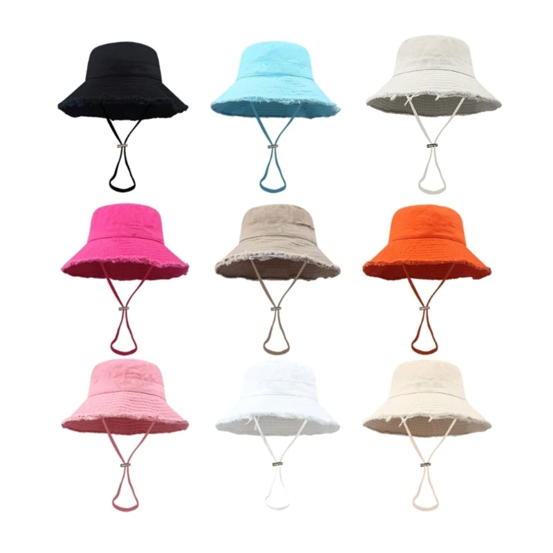 Outdoor Bucket Hat with Adjustable Chin Rope Frayed Edge Design Bucket Hat Summer Sunproof Fisherman Hat for Adult
Outdoor Bucket Hat with Adjustable Chin Rope Frayed Edge Design Bucket Hat Summer Sunproof Fisherman Hat for Adult