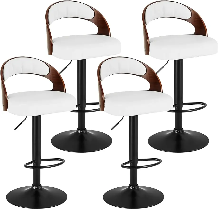 

VECELO Bar Stool Set of 4, Kitchen Island Stools PU Leather Cushion Seat Adjustable Height 360° Swivel Barstools,White