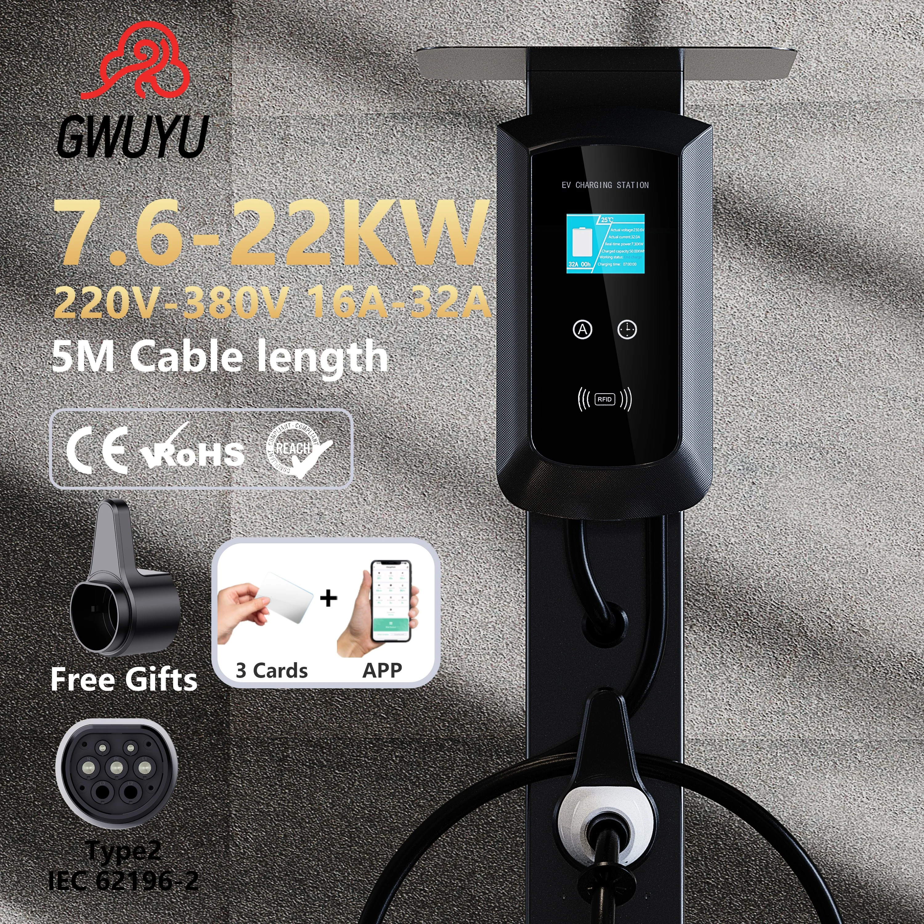 GWUYU China Home Use Wholesale 32A Electric Intelligente 22KW 11KW 7KW Type 2 Charging Station Plug Home AC EV Charger Wallbox
GWUYU China Home Use Wholesale 32A Electric Intelligente 22KW 11KW 7KW Type 2 Charging Station Plug Home AC EV Charger Wallbox