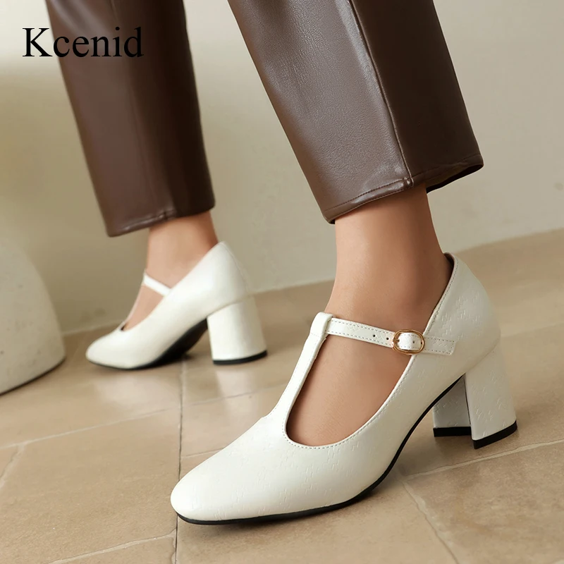 

Kcenid Plus Size 36-48 Fashion Summer Round Head T-tied Shoes Patent Leather Women Pumps Thick Heels Classic Retro Mary Jane