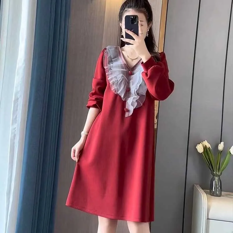 

Fashion V-Neck All-match Spliced Button Ruffles Mini Dress Women's Clothing 2023 Autumn Winter Loose Commuter Ladies Dresses