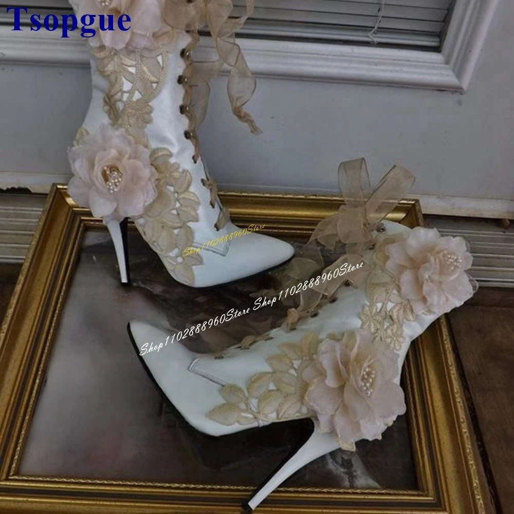 

Mid Calf Cross Tied Floral White Flower Decor Boots Thin High Heel Shoes For Women Lace Up Pointed Toe 2024 Zapatos Para Mujere