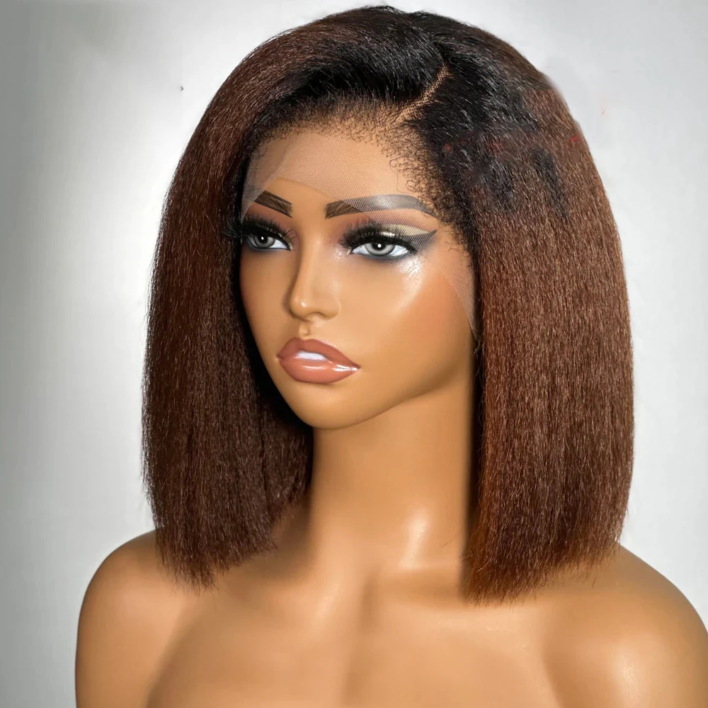 

Bob Yaki Glueless Soft 180Density Ombre Brown Kinky Straight Lace Front Wig For Women BabyHair Preplucked Heat Resistant Daily