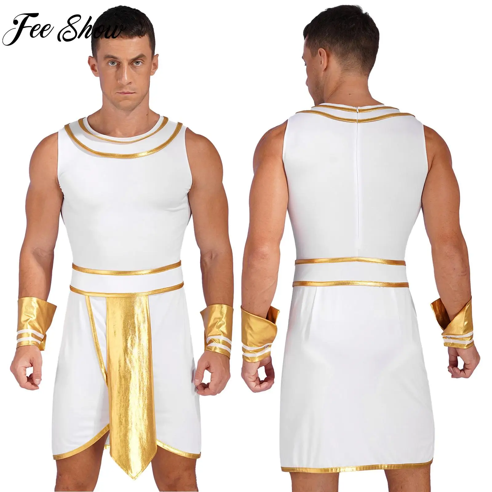 

Mens Ancient Egypt Role-Playing Outfit Adult Halloween Masquerade Party Costume Contrast Color Sleeveless Dress with Cuffs