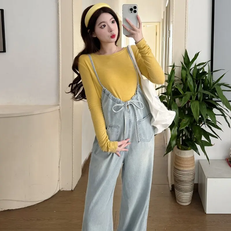 2025 Spring Pregnant Woman Pants Suits Plus Size Long Sleeve Yellow Top Denim Strap Jeans Twinset Long Loose Maternity Jumpsuits 20 S4d7ec5502e0c4571b9d3b5366947837dk
