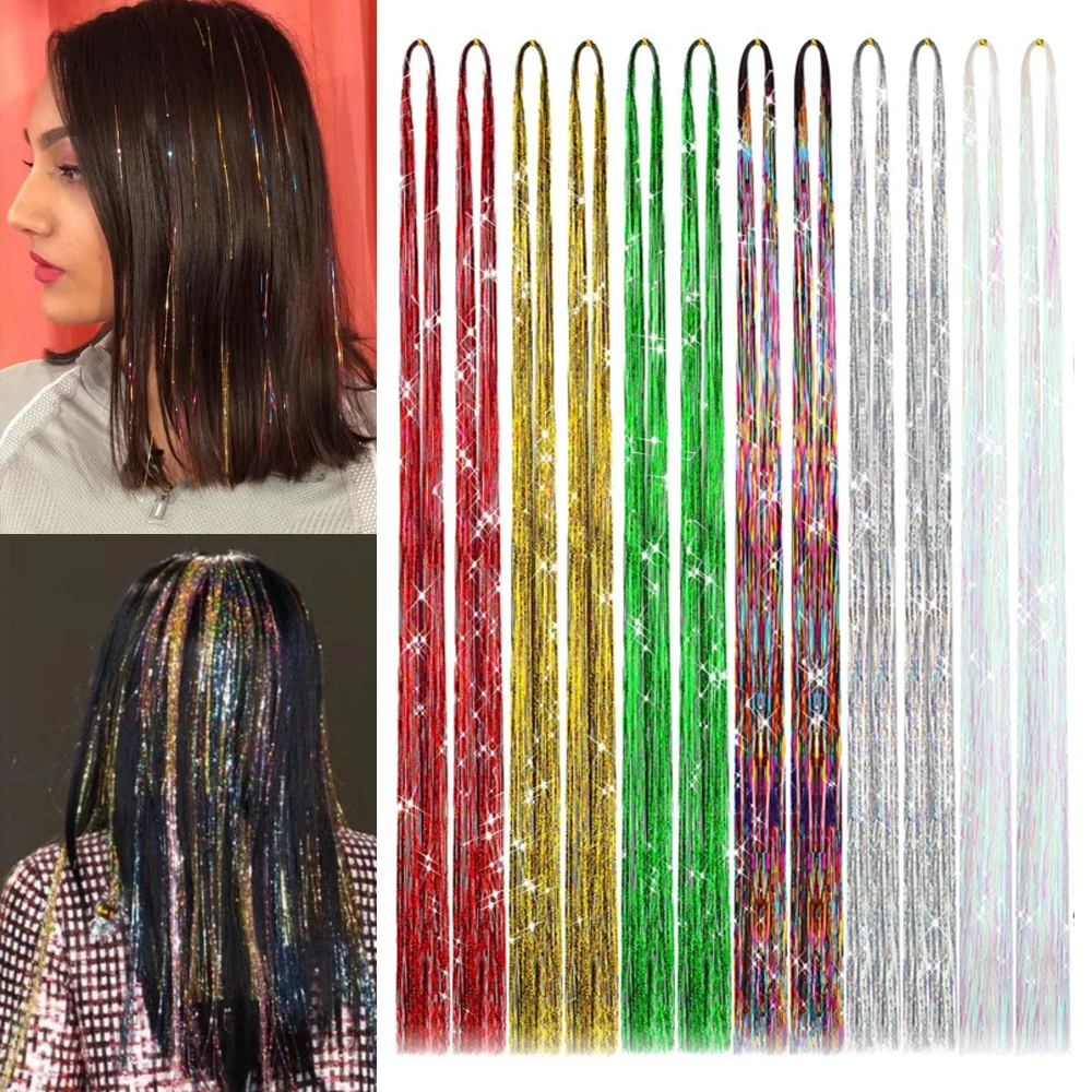 

Hair Tinsel Kit With Tools 12pcs 2400 Strands Glitter Tinsel Hair Extensions Heat Resistant Highlights Sparkling Fairy Hair For