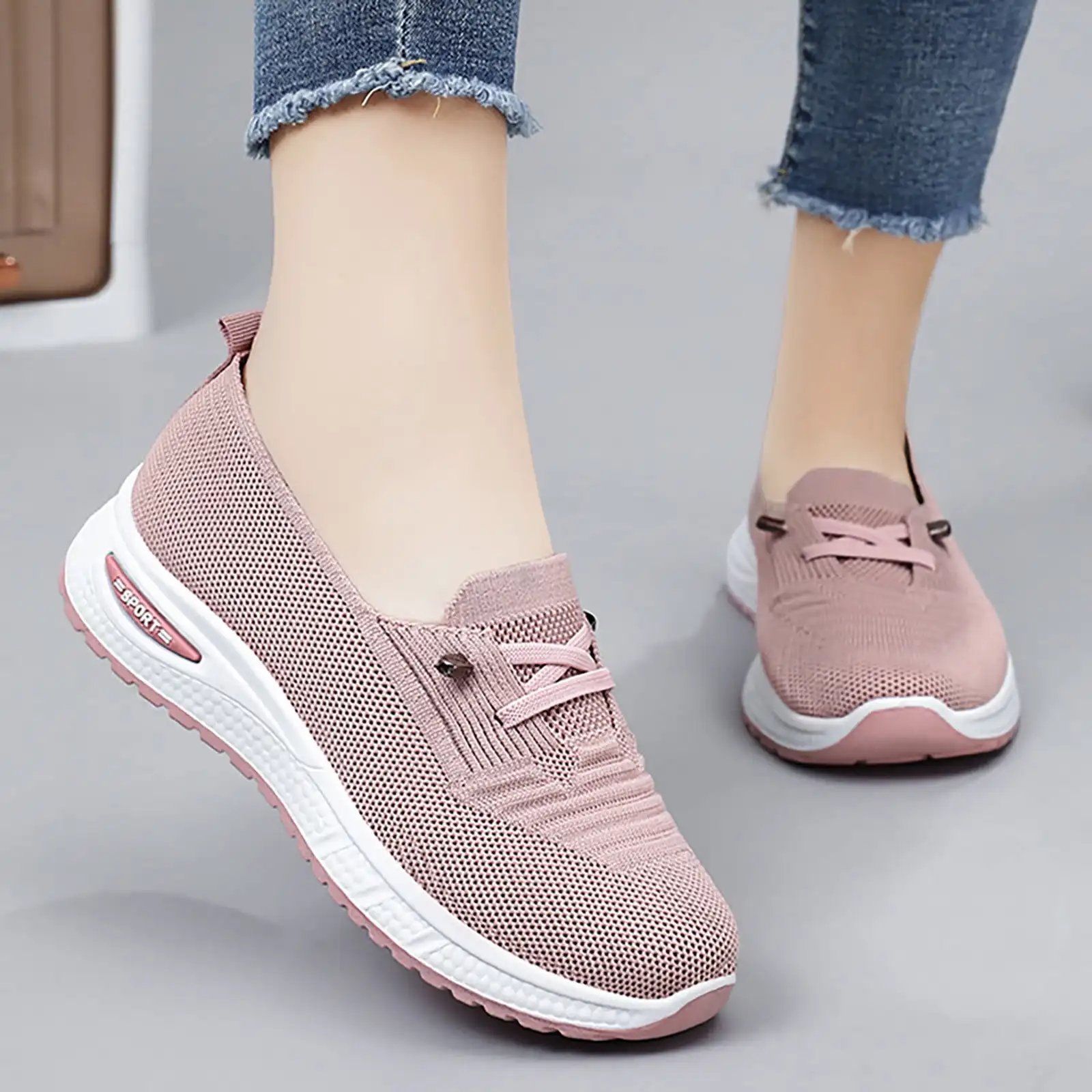 

2024 Knit detail outdoor sneakers women's sporty slip on shoes lace up woman mesh flats comfortable thick sole walking shoe pink