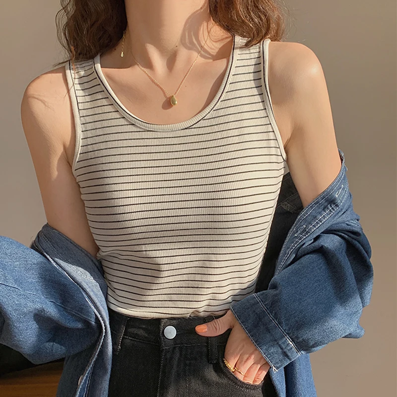 

2022 Summer New Striped Tank Top Women Casual Crop Top Cotton Sleeveless Vest Female Clothes O Neck Camisole Tanks Haut Femme