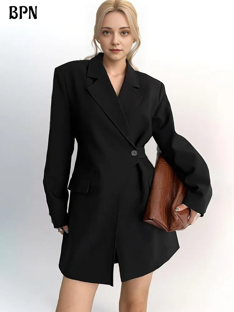

BPN Korean Temperament Blazer For Women Notched Collar Long Sleeve Solid Spliced Button Asymmetrical Causal Blazers Female Style