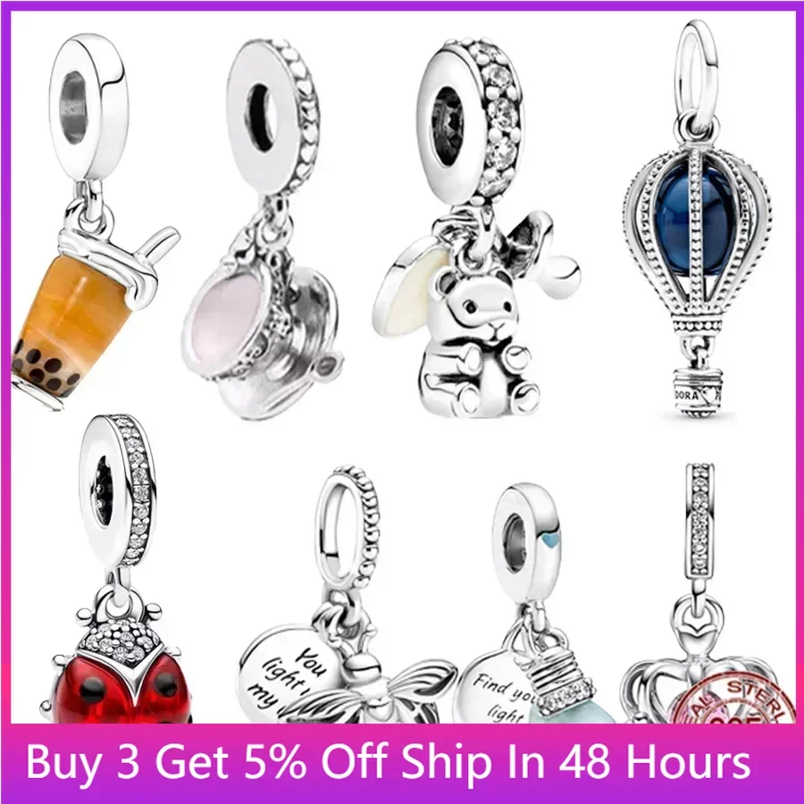 

NEW 925 Sterling Silver Firefly Balloon Bubble Tea & Teddy Dangle Bear Charm Bead Fit Original Pandora Bracelet DIY Jewelry Gift