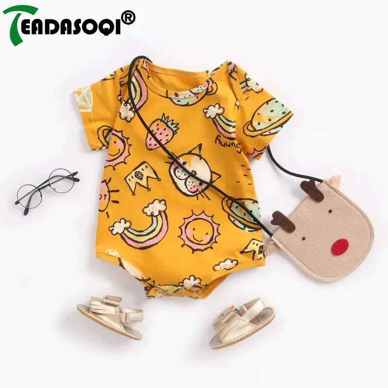 

0-3Y Summer Infant Baby Boys Girls Crawling Short Sleeved Cartoon Prints Outwear Kids Newborn Jumpsuits Pure Cotton Bodysuits