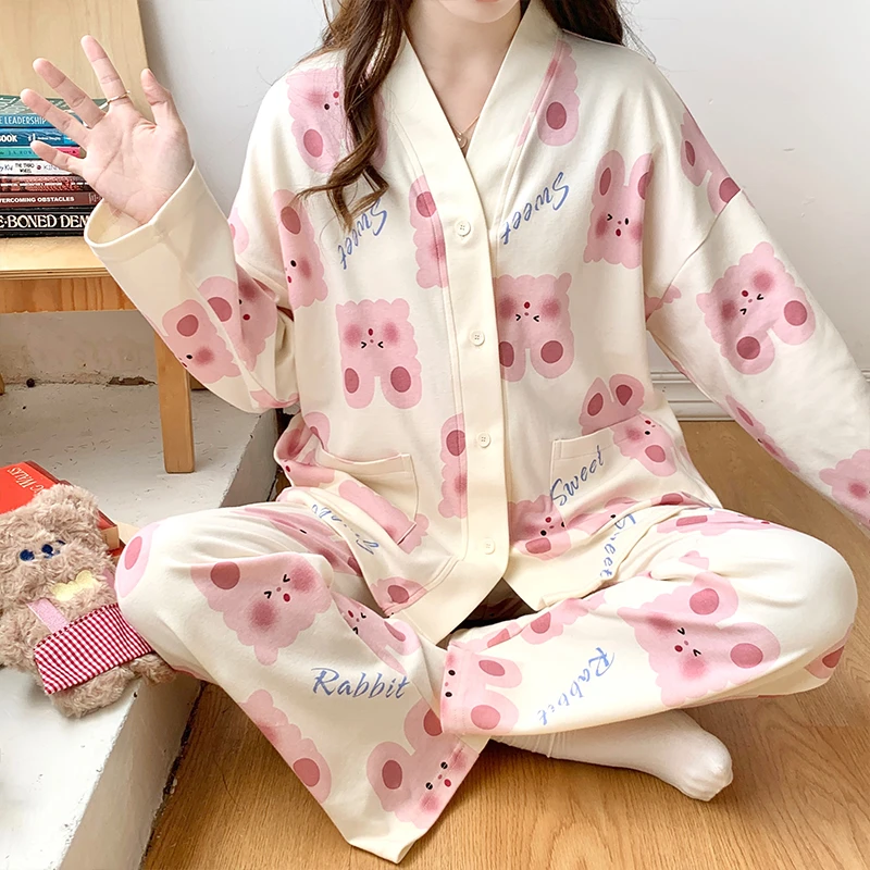 Women's Pajamas Autumn Winter Cotton Homewear V-neck Cardigan 2023 Long-sleeved Sleepwear Cute Pink Bunny Print Ladies Nightwear
Women's Pajamas Autumn Winter Cotton Homewear V-neck Cardigan 2023 Long-sleeved Sleepwear Cute Pink Bunny Print Ladies Nightwear