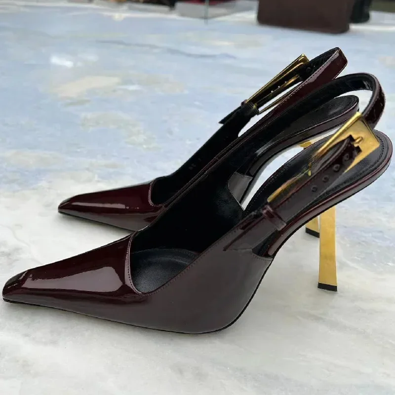 

Новинка 2024, дизайнерские туфли из лакированной кожи на тонком высоком каблуке, туфли-лодочки с острым носком, ремешок с пряжкой в уличном стиле, женские туфли с ремешком на пятке