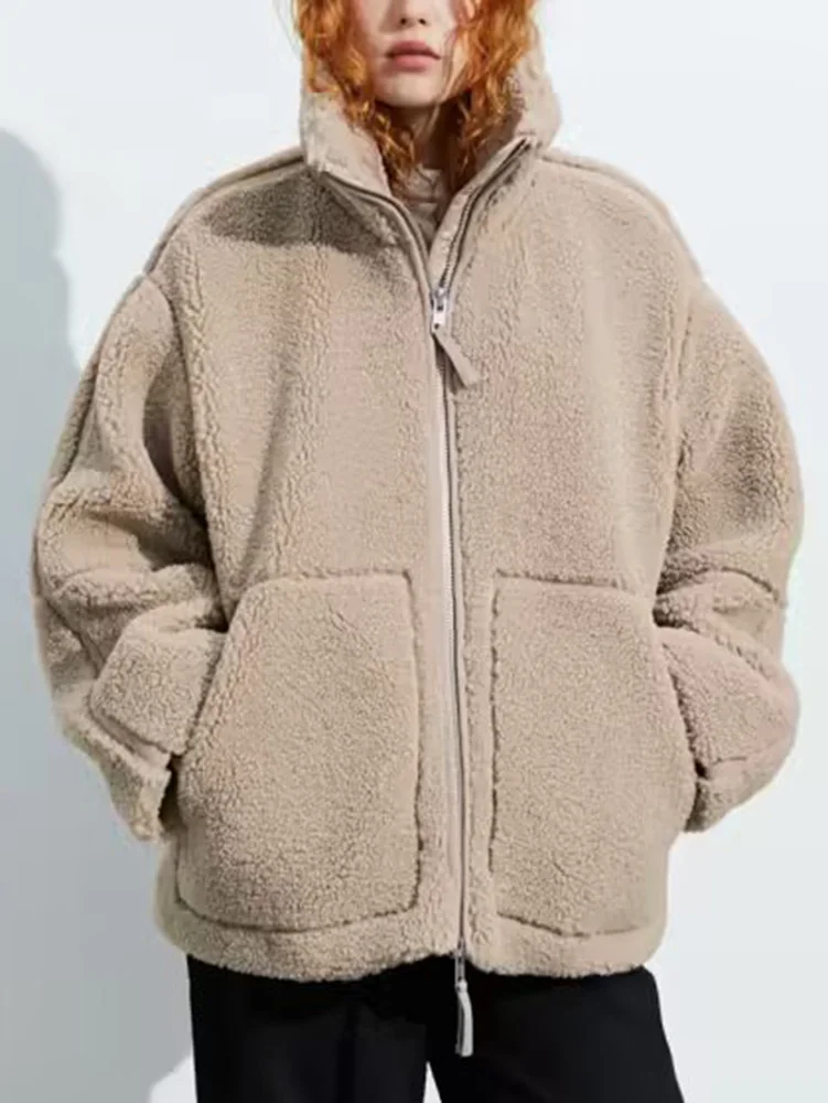 

HH TRAF Winter Women Warm Thick Fleece Coat Sherpa Faux Fur Fuzzy Long Sleeve Loose Jacket Lapel Zipper Vintage Fashion Outfits