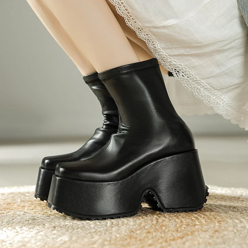 black beige elasticity leather thick platform designer high heel zipper ankle boots shoes woman casual street shoes mujer bootie
black beige elasticity leather thick platform designer high heel zipper ankle boots shoes woman casual street shoes mujer bootie