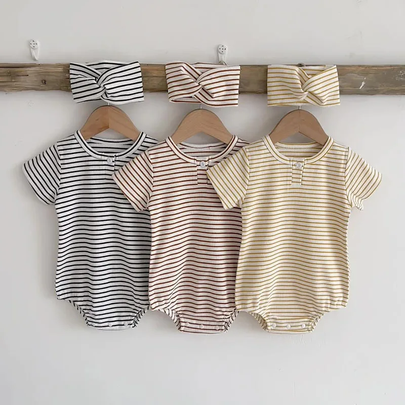 

MILANCEL 2022 Summer Baby Clothes Toddler Boys One Piece Striped Infant Bodysuit with Headband