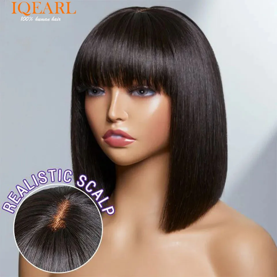 

Glueless Straight Human Hair Wigs With Bangs Fringe Middle Part Bob Lace Wigs Realistic Scalp Brazilian Straight Bob Lace Wigs