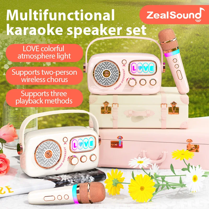 

Zealsound Karaoke Machine with Two Wireless Microphones, Portable Bluetooth Speaker with RGB Lights for Kids Adults Home Party