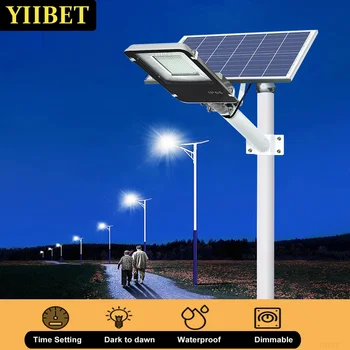 YIIBET 무선 방수 LED 태양열 가로등, 뒷마당 가로등, 보안 투광 조명, 원격 제어 및 폴, 200W, 100W