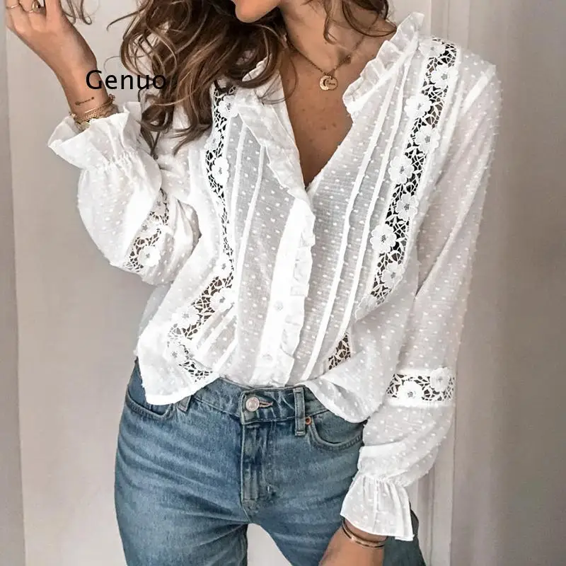 

Spring Autumn Women Blouse Fashion Casual Ruffles Shirt V Neck Flare Long Sleeve Hollow Out Tops Office Lady Loose Blouses