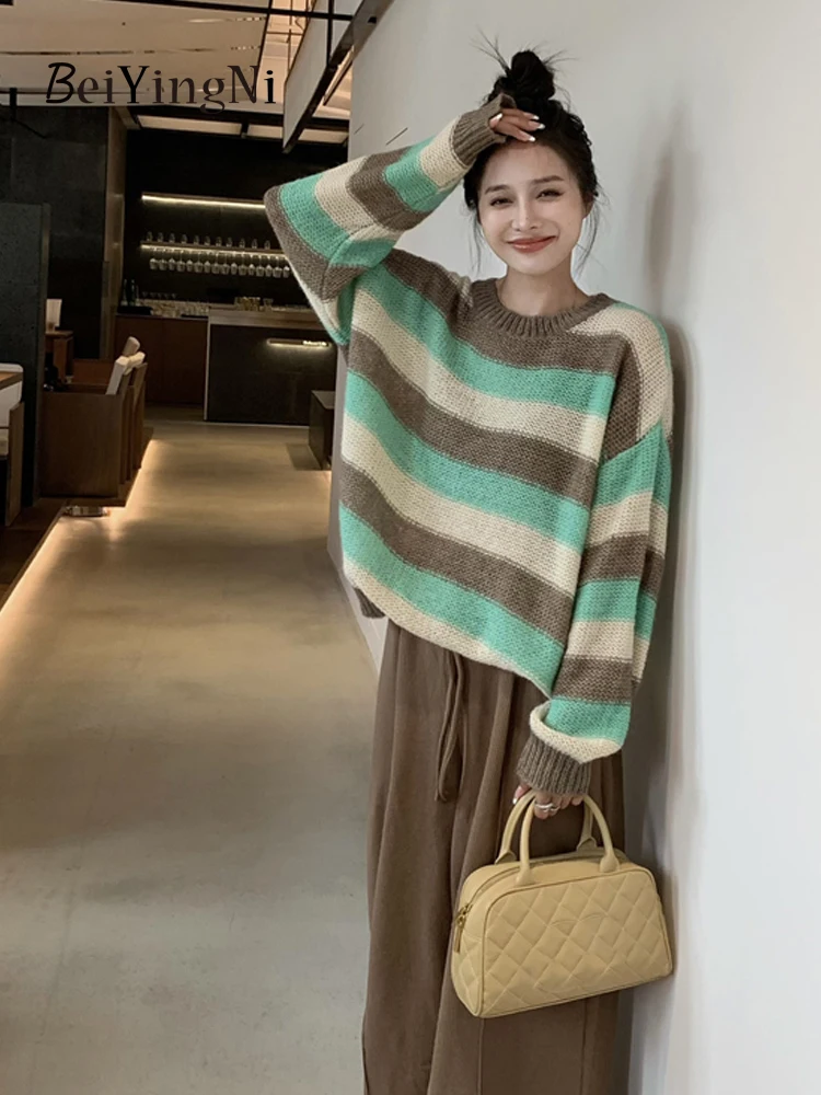 Beiyingni New Fashion Striped Oversized Sweater Women Spell Color Loose Casual Korean Thick Warm Knitted Tops Kawaii Pull Femme 
Beiyingni New Fashion Striped Oversized Sweater Women Spell Color Loose Casual Korean Thick Warm Knitted Tops Kawaii Pull Femme