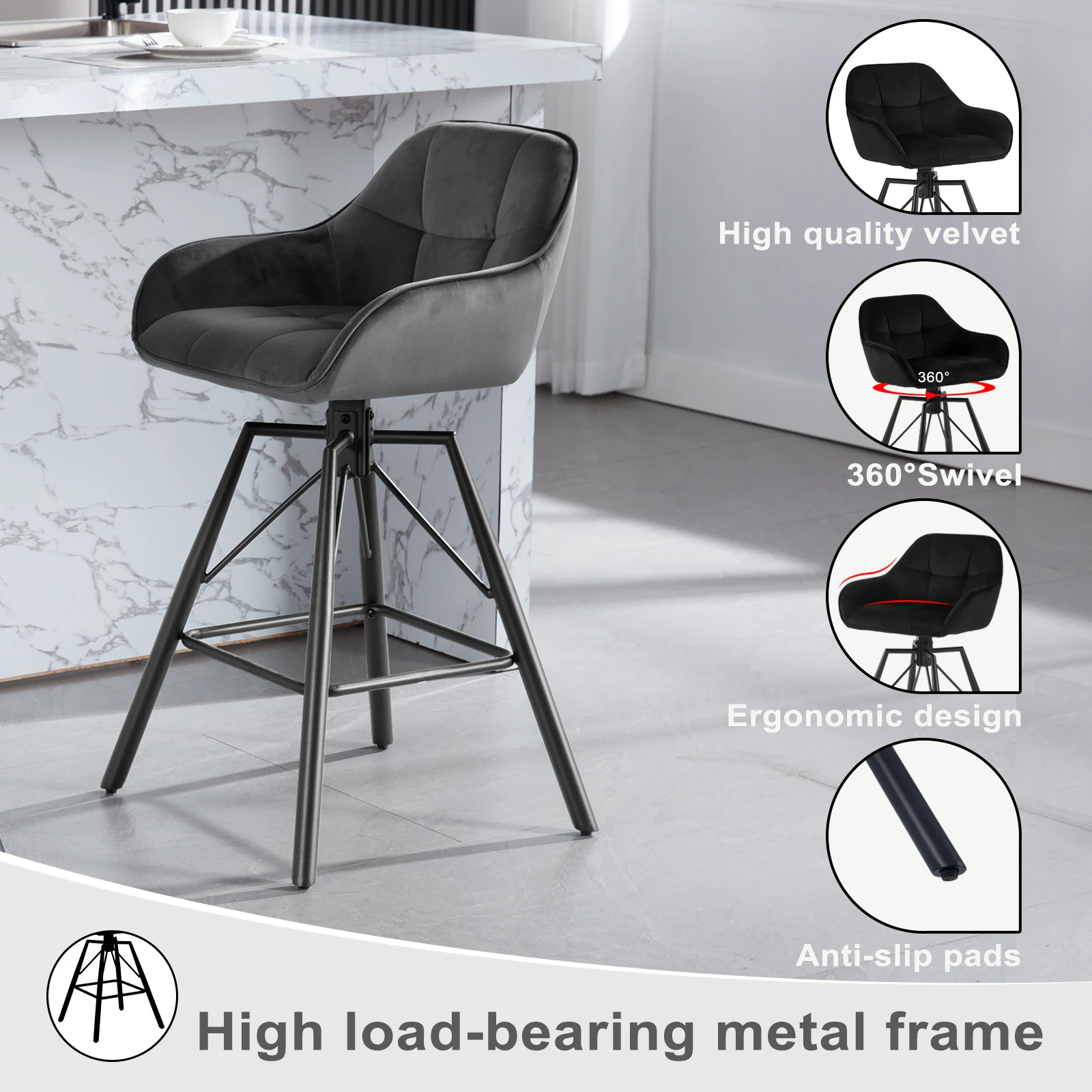 2PCSS/SET Rotatable Bar Stool Velvet High Bar Chair 360° Swivel Padded Seat with Backrest Footrest Counter Stool 12 Mallzona S4d92e34925e0403183478261beca564dH 2PCSS/SET Rotatable Bar Stool Velvet High Bar Chair 360° Swivel Padded Seat with Backrest Footrest Counter Stool Mallzona