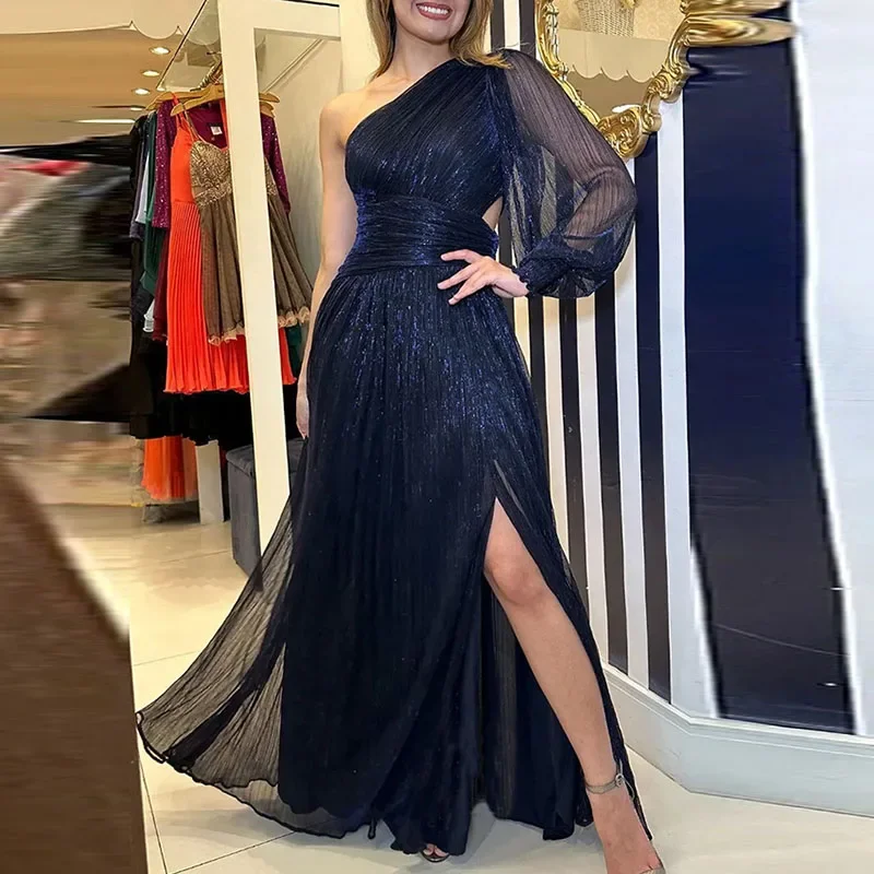 New Party Mesh Women Dress Autumn Casual Diagonal Collar Hollow Out Split Prom Dress Fashion Ladies Waist Pleated Long Dresses
New Party Mesh Women Dress Autumn Casual Diagonal Collar Hollow Out Split Prom Dress Fashion Ladies Waist Pleated Long Dresses