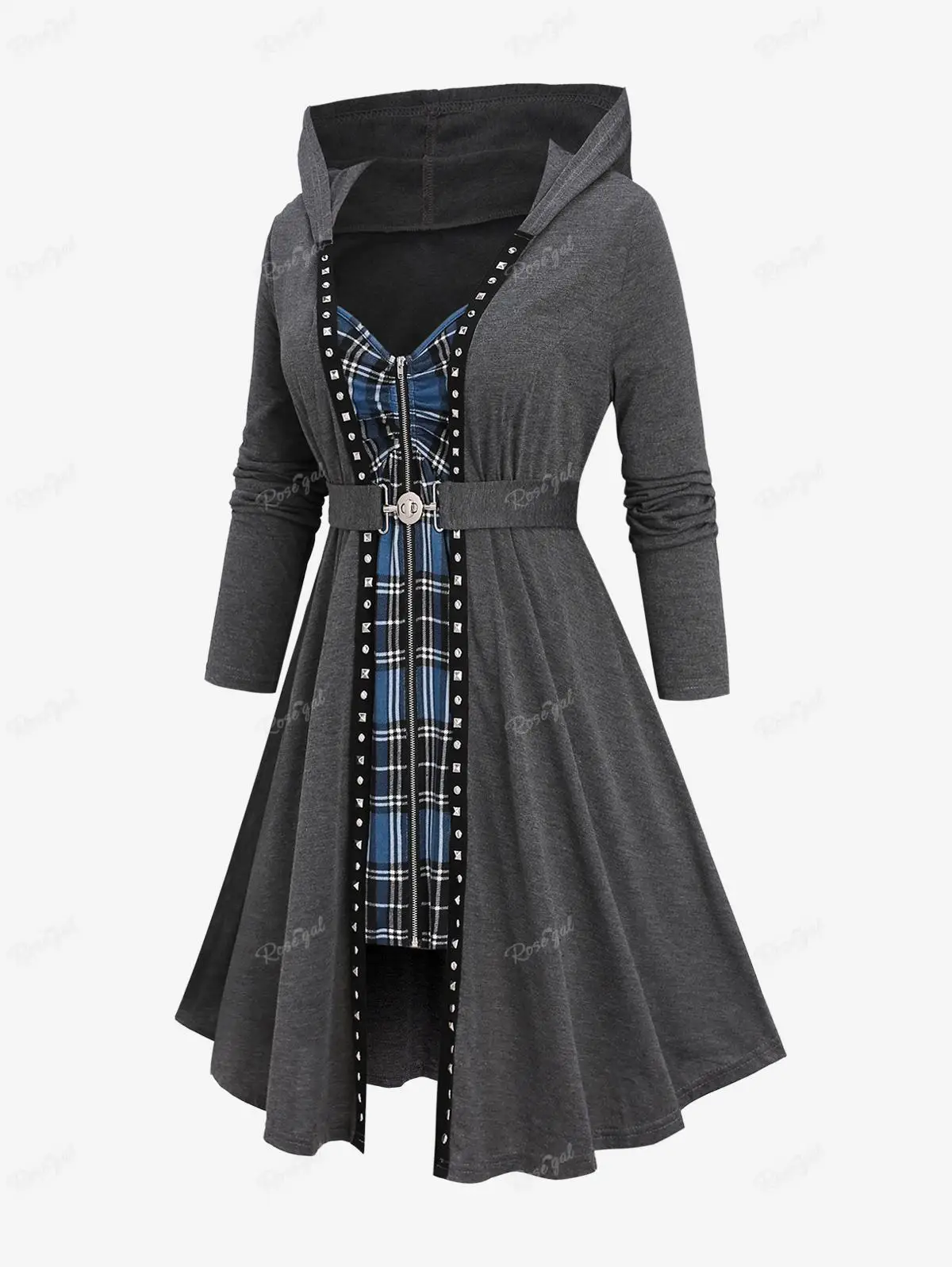 

ROSEGAL Autumn Winter Women's Plus Size Zipper Coats Gray Outwear Plaid Cinched Patchwork Rivet Ruched Buckle Belted Hooded Coat