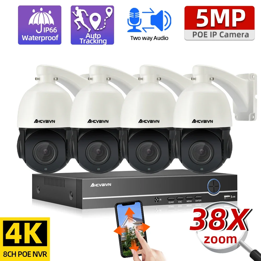 

Auto Tracking 38X Zoom Two Way Audio POE CCTV Camera Security System Kit PTZ 4K 8CH NVR Kit 5MP IP Camera Video Surveillance Set