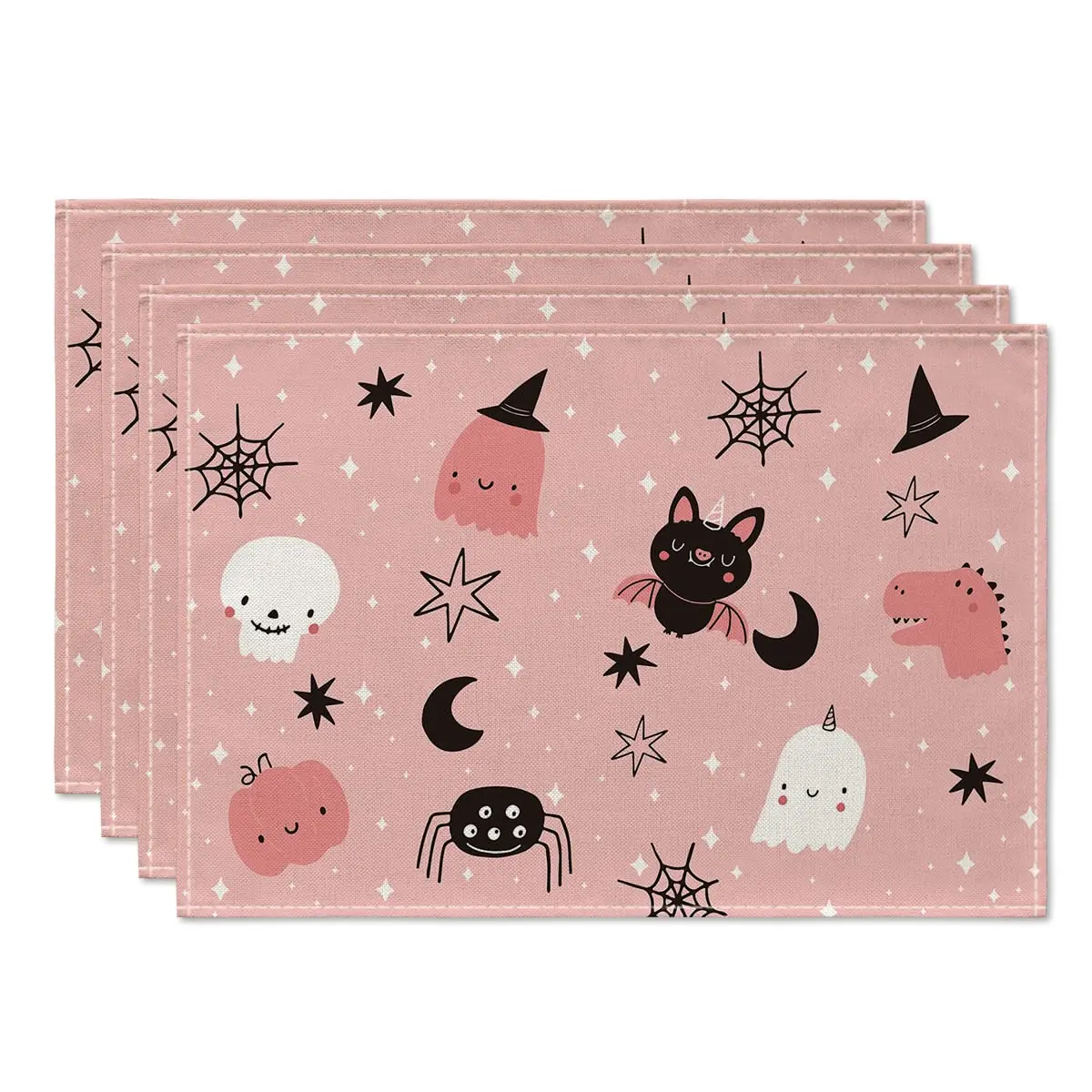 

Halloween Placemats Set of 4,Pink Ghost,Spider Web,Moon,Bat,Spooky,Birthday Table Mats for Party, Dining Decoration, 12x18 Inch