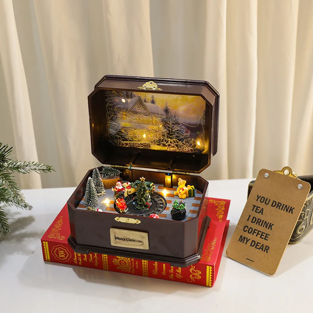 

Светящаяся Рождественская вращающаяся Музыкальная шкатулка с питанием от USB/аккумулятора, рождественская елка, Санта-Клаус, музыкальная шкатулка для детей, подарок на Рождество и новый год