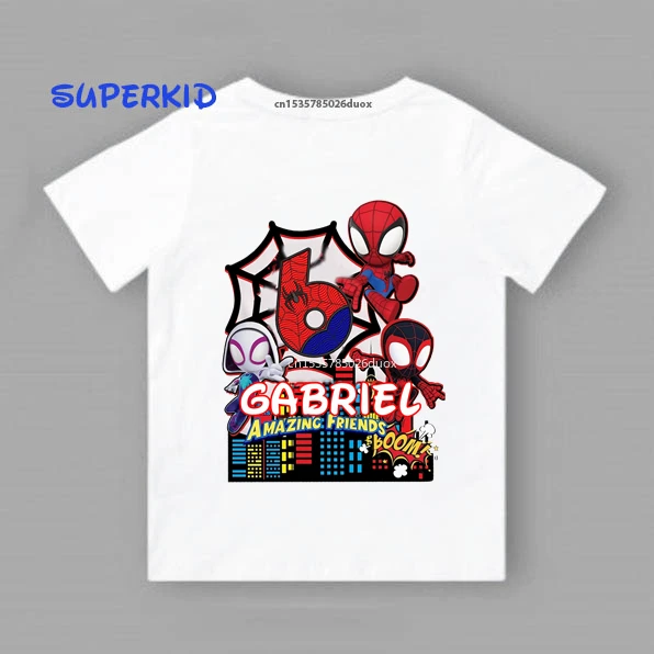 

New Summer 2024 2 3 4 5 6 7 8 9 Amazing Friends Birthday Short Sleeve Kid Shirt Spiderman Personalize Name Birthday Boy T-shirt