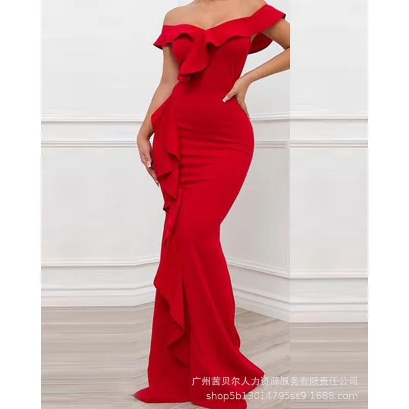 

Autumn New Dress Women's Sexy Solid Slim Fit Ruffled Dress Women's Elegant Slash Neck Off-Shoulder Strapless Party Formal Dress