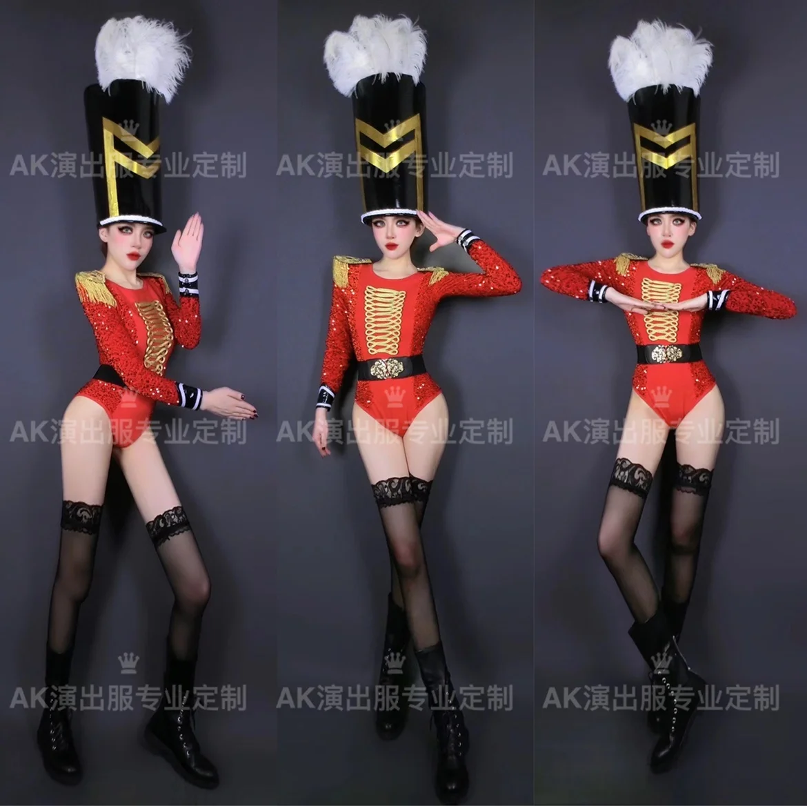 

AK Performance Sexy Clothes Night Club Bar Army Day National Day Red Feather High Hat Bodysuit Female Singer Dance Team Suit