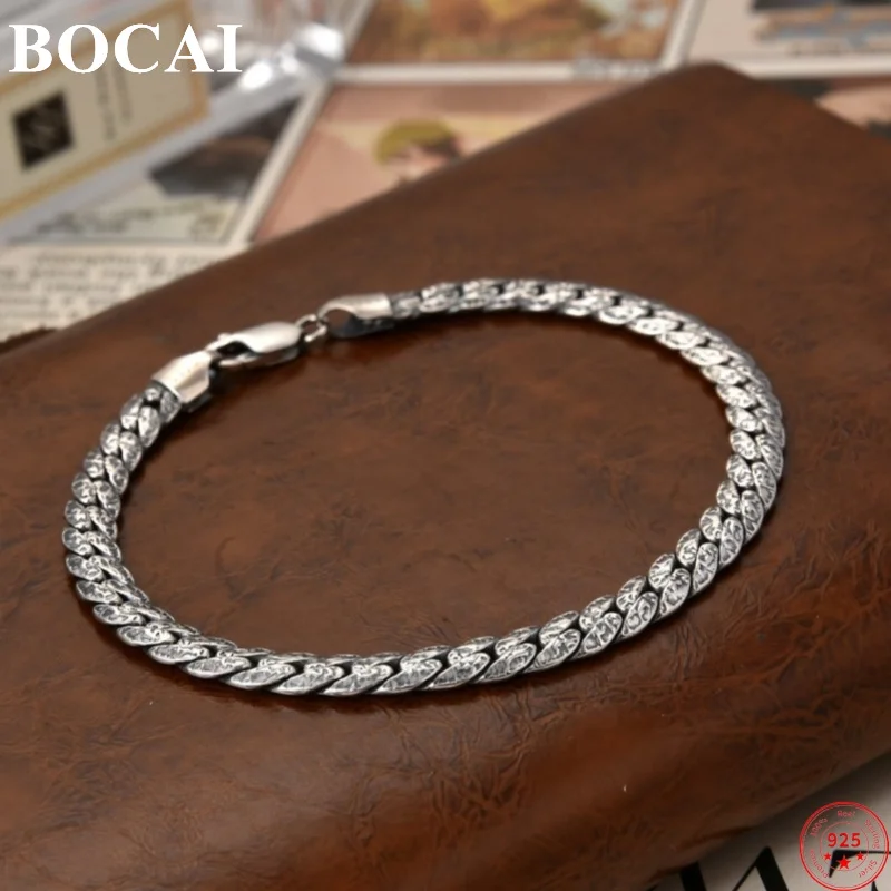 

BOCAI S925 Sterling Silver Bracelets for Women Men New Fashion Hammer Texture Pattern Flat Snake-chain Jewelry Free Shipping