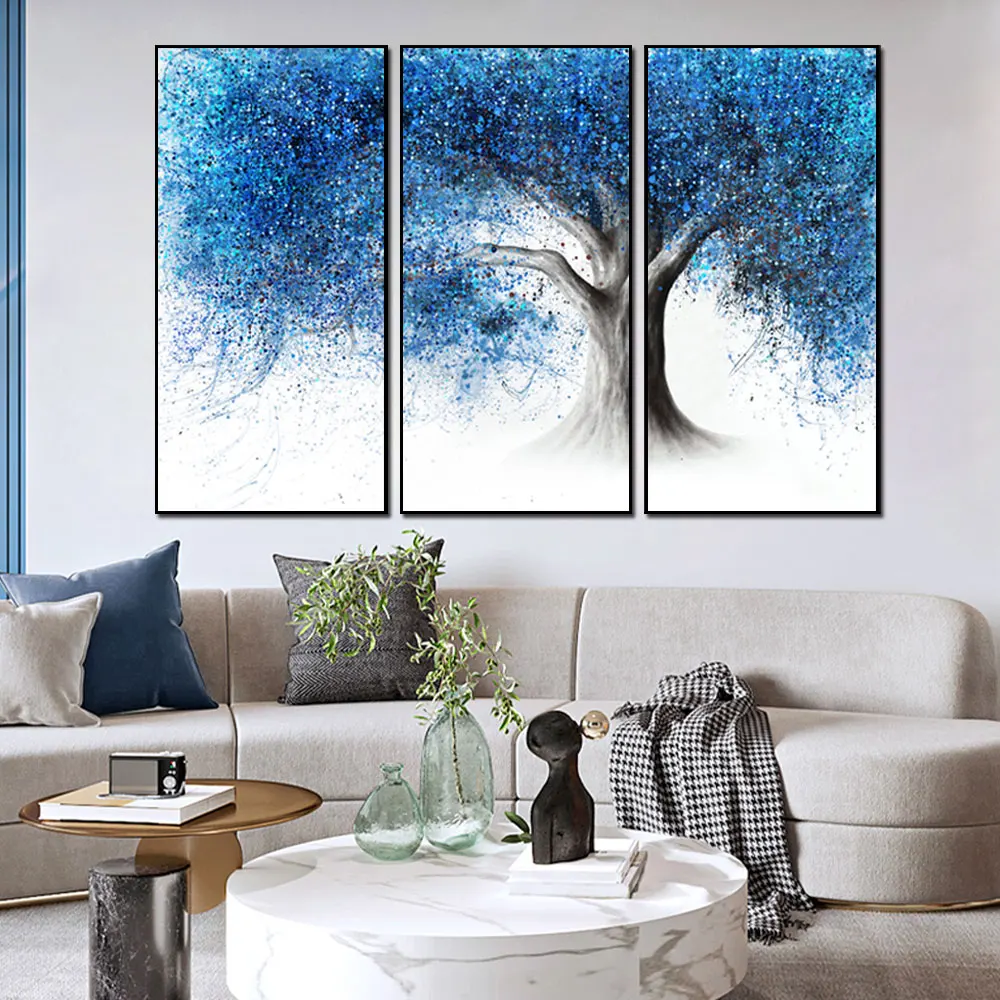 

3 Panels Abstract Blue Leaves Tree Canvas Painting Wall Art Pictures Still Life Posters for Living Room Interior Home Decor