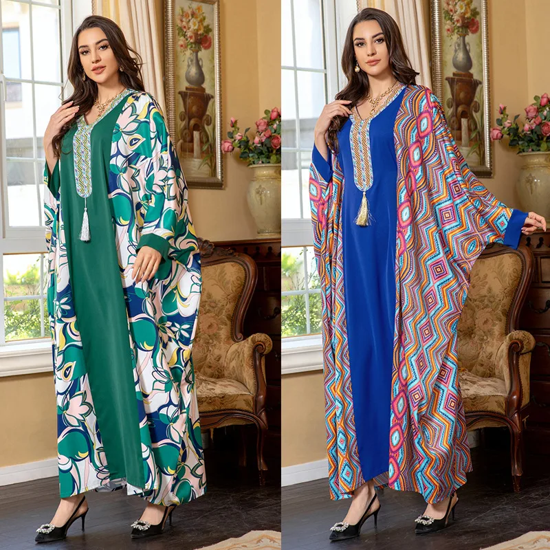 

Мусульманский халат, женская одежда 2024, новый стиль, абайя, рукав летучая мышь, один размер, со стразами, средневосточное арабское платье, элегантный кафтан с принтом