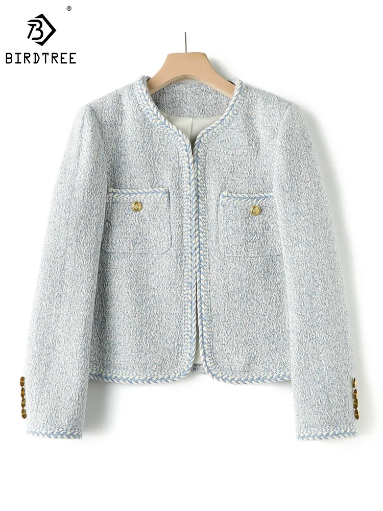 

BirdTree Sheep Wool Blended Coat for Women, O Neck Tweed Woolen, Elegant Fashion Jacket, 2024 Spring New Warm Cardigan C41550QM