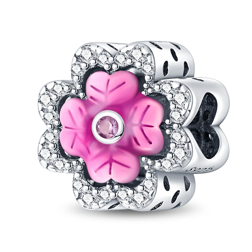 

Romantic 925 Sterling Silver Pave Zircon Pink Flower Charm Fit Pandora 3mm Bracelet Women Luxury Jewelry Gifts