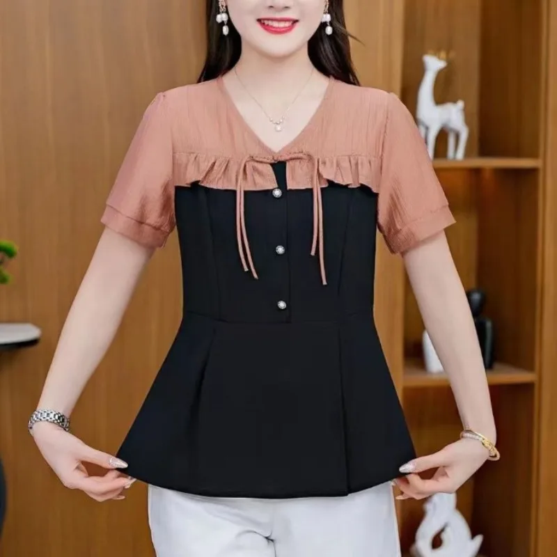 

Women's Summer 2024 New Blouses Fashion Spliced Ruffles Fake Two V-neck Button Color-blocked Commute Short Sleeve Chiffon Shirts