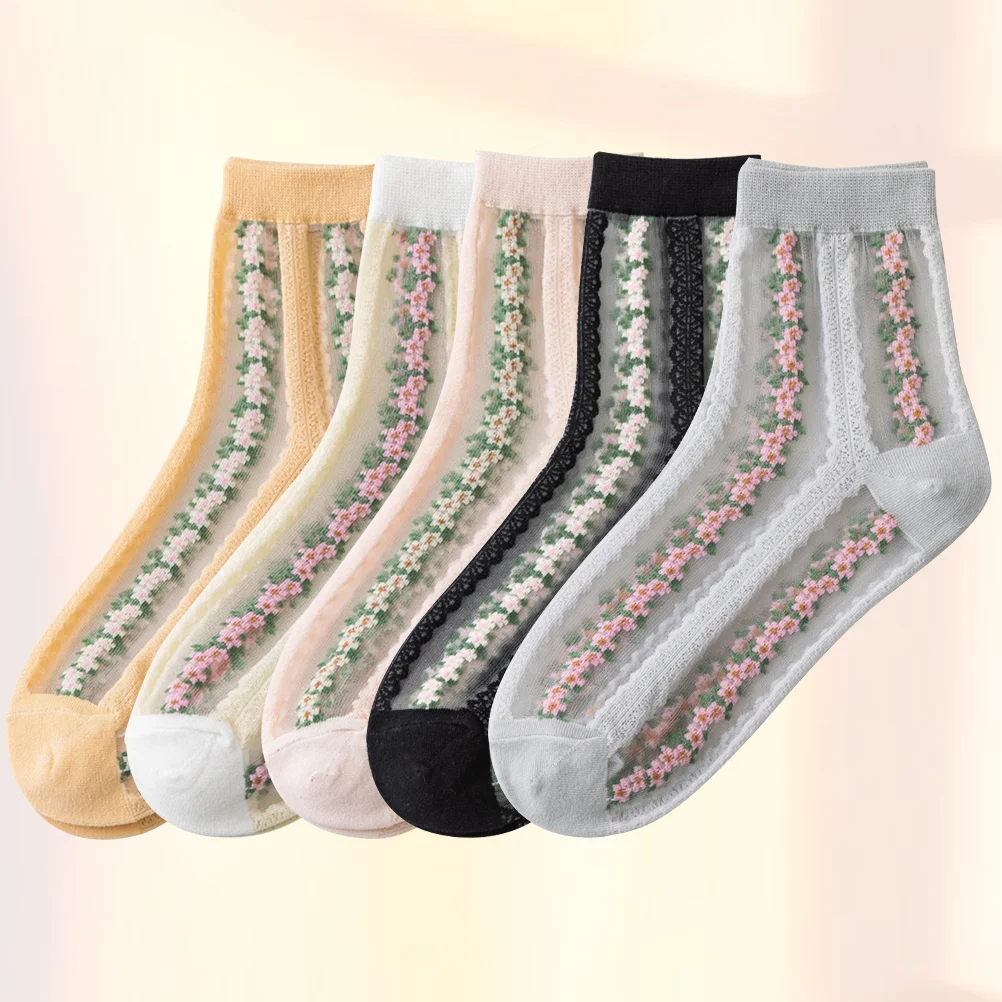 

5 Pairs Floral Cotton Socks For Women Mid-calf Length Sock Cotton Breathable Glass Silk (Assorted Color)