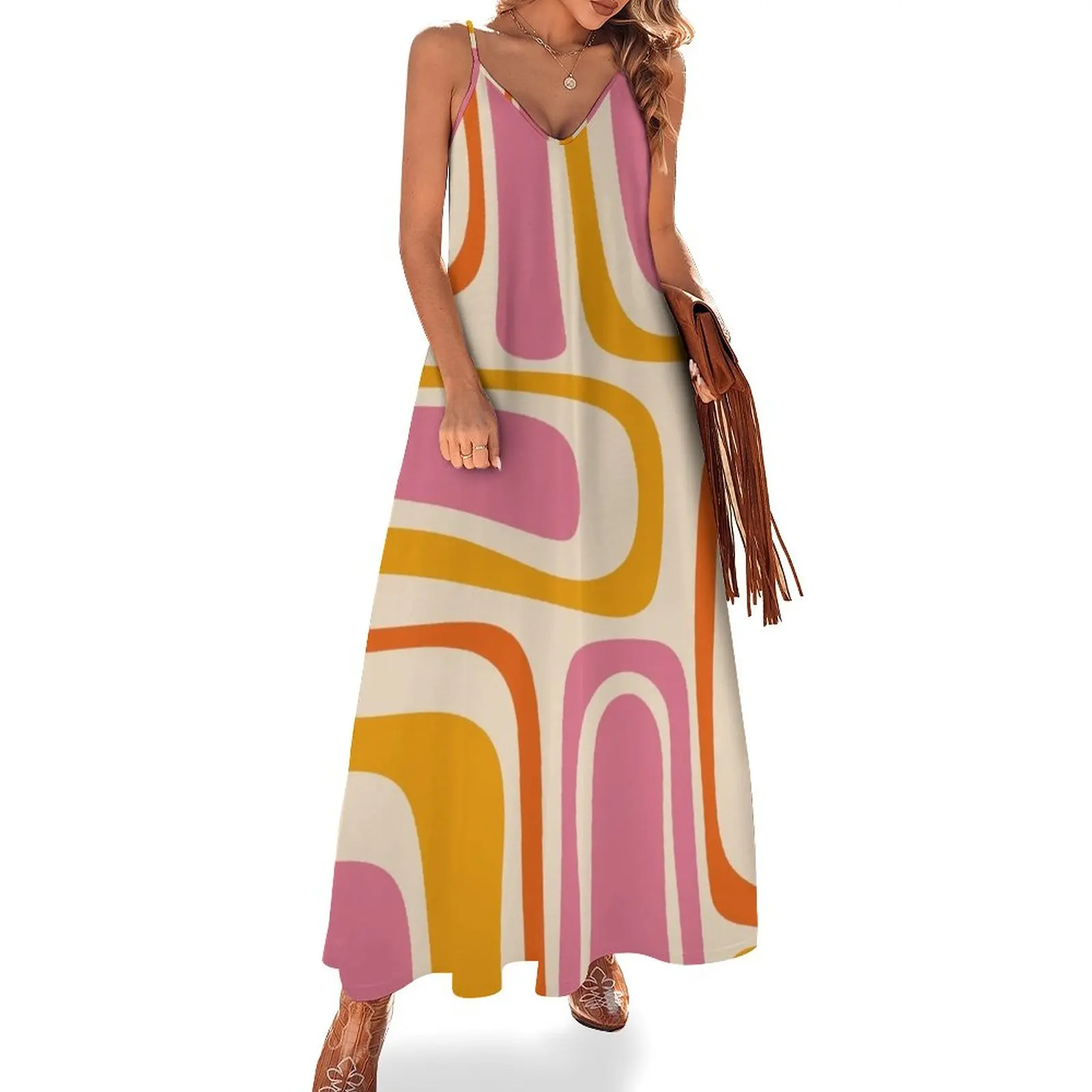 

Palm Springs Retro Mid Century Modern Abstract Pattern in Thulian and Orange Tones Sleeveless Dress Woman clothing