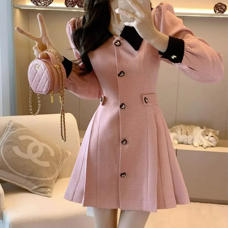 

French Dress Spring New Women High-Grade Tight Waist Lantern Sleeve Mid-length Skirt Female Elegance Casual Versatile Outerwear