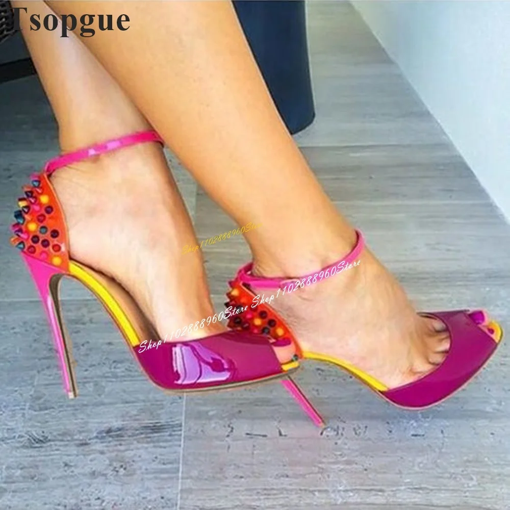 

Stylish MIxed Color Splicing Rivet Sandals Thin High Heel Women Shoes Ankle Buckle Strap Peep Toe 2024 Sexy Zapatos Para Mujere