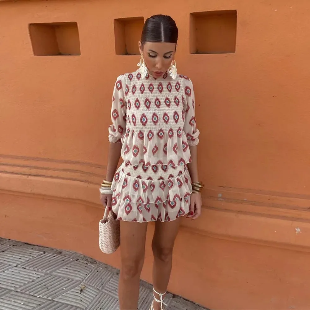 

2024 Fashion Slim Ruffles Print Mini Skirt Suit Women Round Neck Half Sleeves 2 Pieces Sets Spring Summer Casual Vacation Outfit