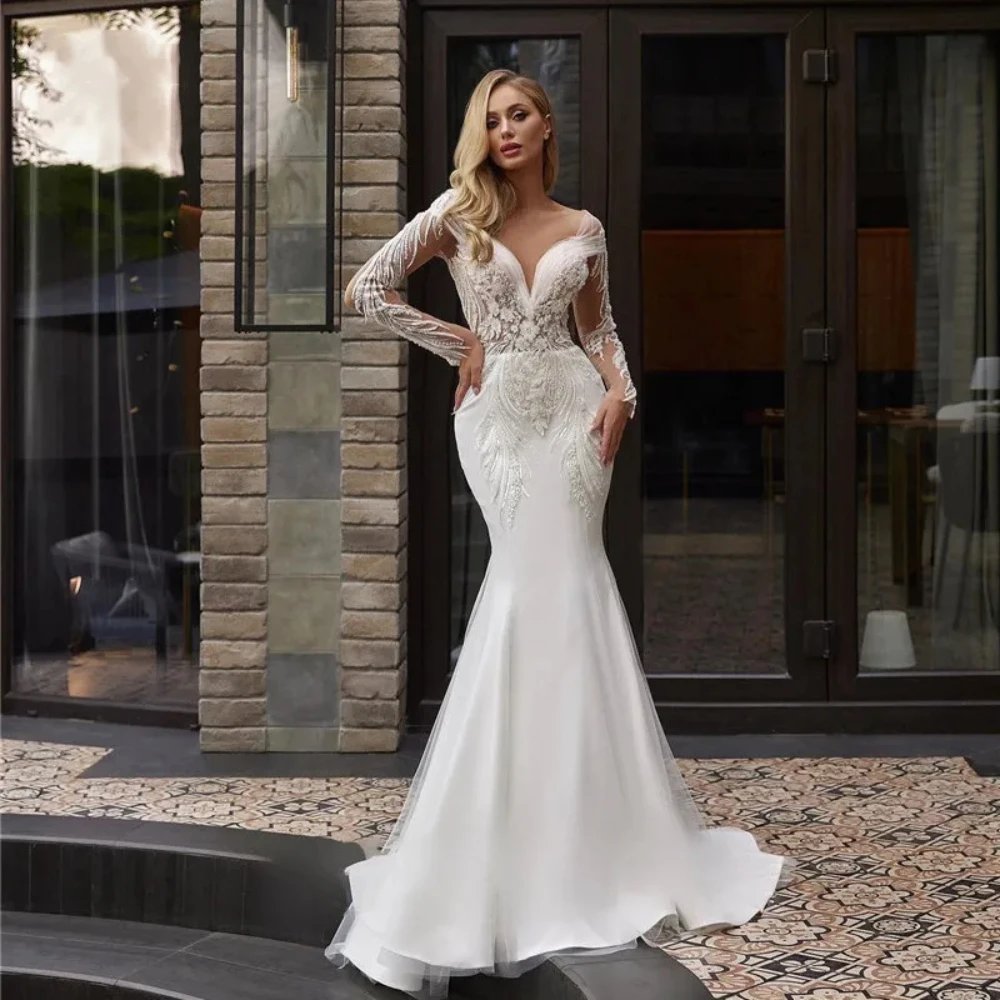 Exquisite White Wedding Dresses For Women V-Neck Sexy Mermaid Feathers Appliques Lace Bridal Gowns Zipper Back Vestidos De Novia
Exquisite White Wedding Dresses For Women V-Neck Sexy Mermaid Feathers Appliques Lace Bridal Gowns Zipper Back Vestidos De Novia