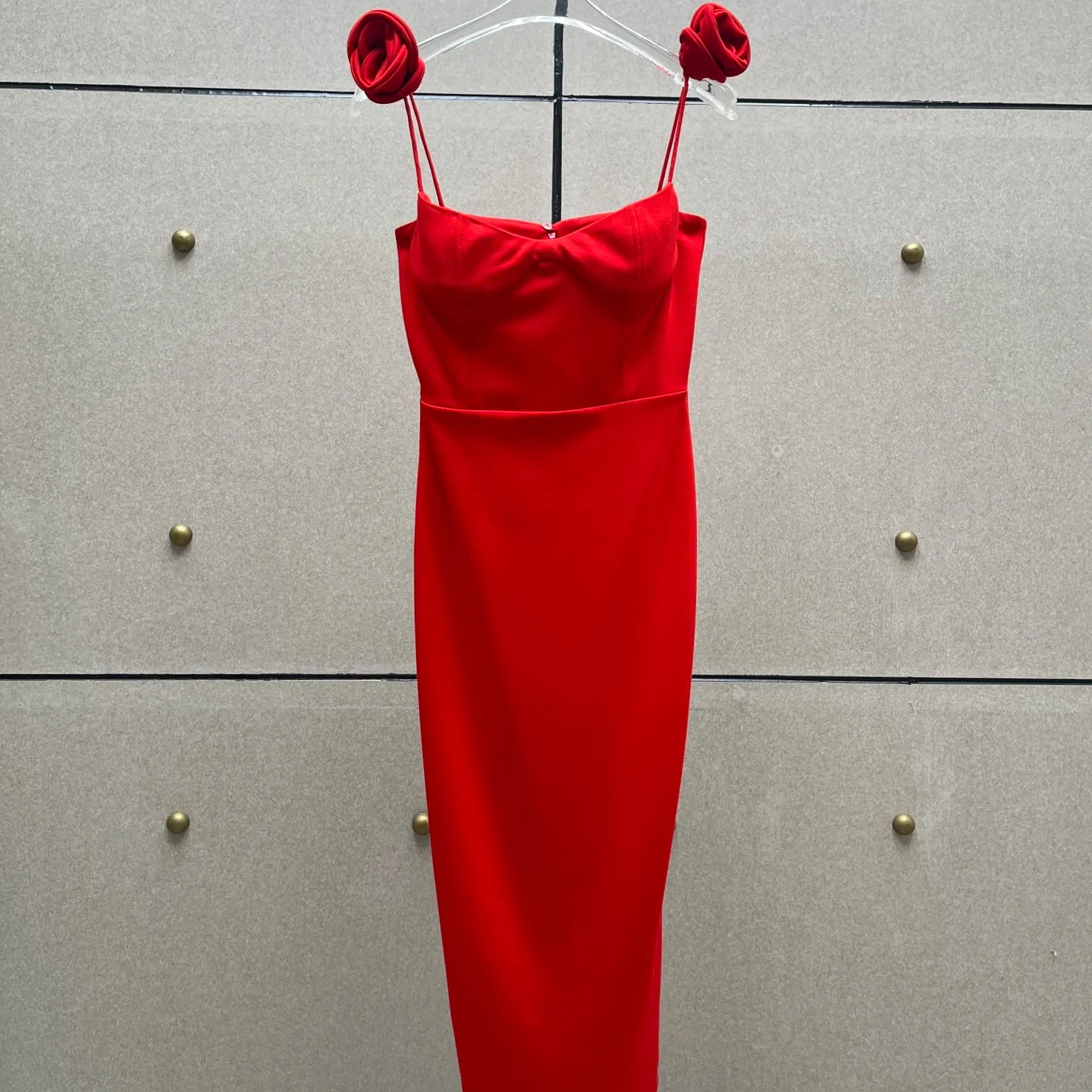 

Handmade 2024 New Red Roses Spaghetti Strap Sleeveless Women High Slit Hot Sexy Elegant Midi Tube Dress