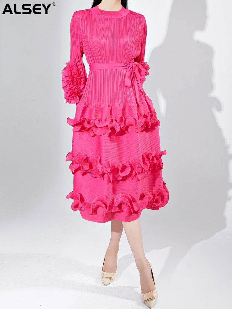 ALSEY Belt Pleated Miyake Dress for Women 2024 New Fashion Round Neck Floral Sleeves Fungus Spliced Solid Elegant Dresses 
ALSEY Belt Pleated Miyake Dress for Women 2024 New Fashion Round Neck Floral Sleeves Fungus Spliced Solid Elegant Dresses