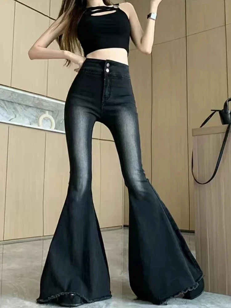 

Винтажные расклешенные джинсы с необработанными краями, корейские женские узкие джинсовые брюки с высокой талией, однотонная уличная одежда в стиле хип-хоп Y2K, универсальные широкие брюки