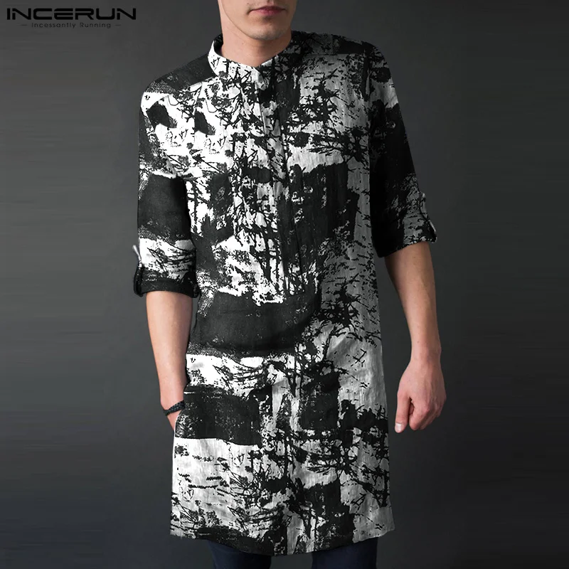 

INCERUN 2023 Muslim Style Casual Men's Robe Vintage Ink Painting Standing Neck Robe Male Medium Length Medium Sleeve Robe S-5XL